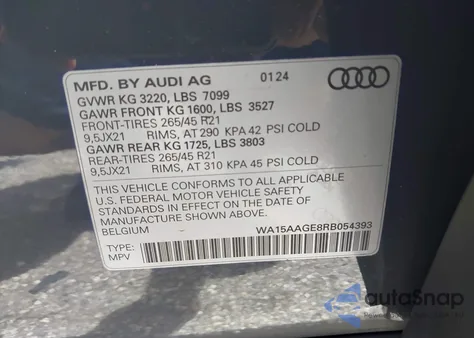 2024 Audi Q8 E-Tron Premium Plus Quattro from USA, damaged, VIN WA15AAGE8RB054393
